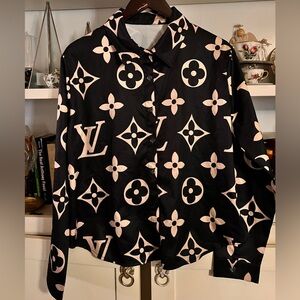 Designer-Inspired Black Button-Up Shirt with Cream Monogram Print